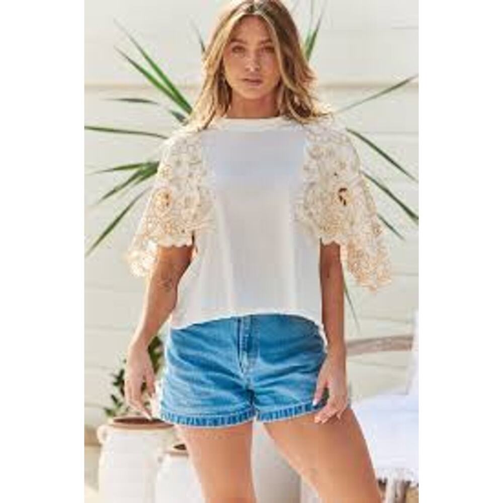 Free People Angel Tee in Ivory, Embroidered Flutter Angelic Sleeves, Sz S, NEW